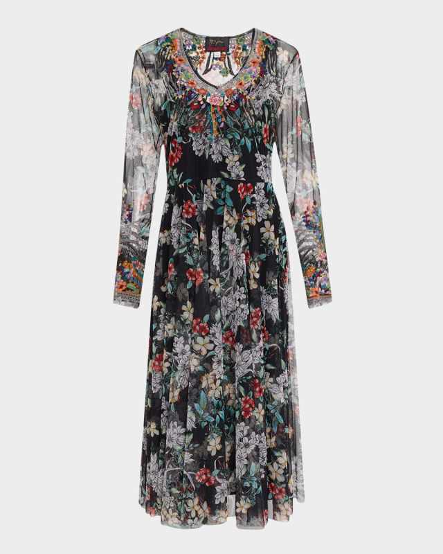 Mazzy Embroidered Floral-Print Mesh Midi Dress